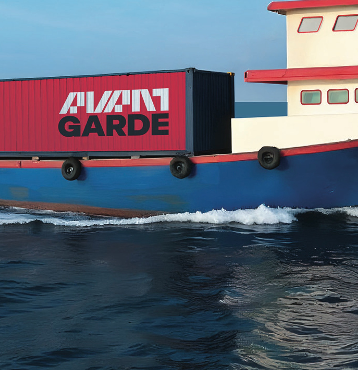 Branded shipping container secured on a vessel's deck under way
