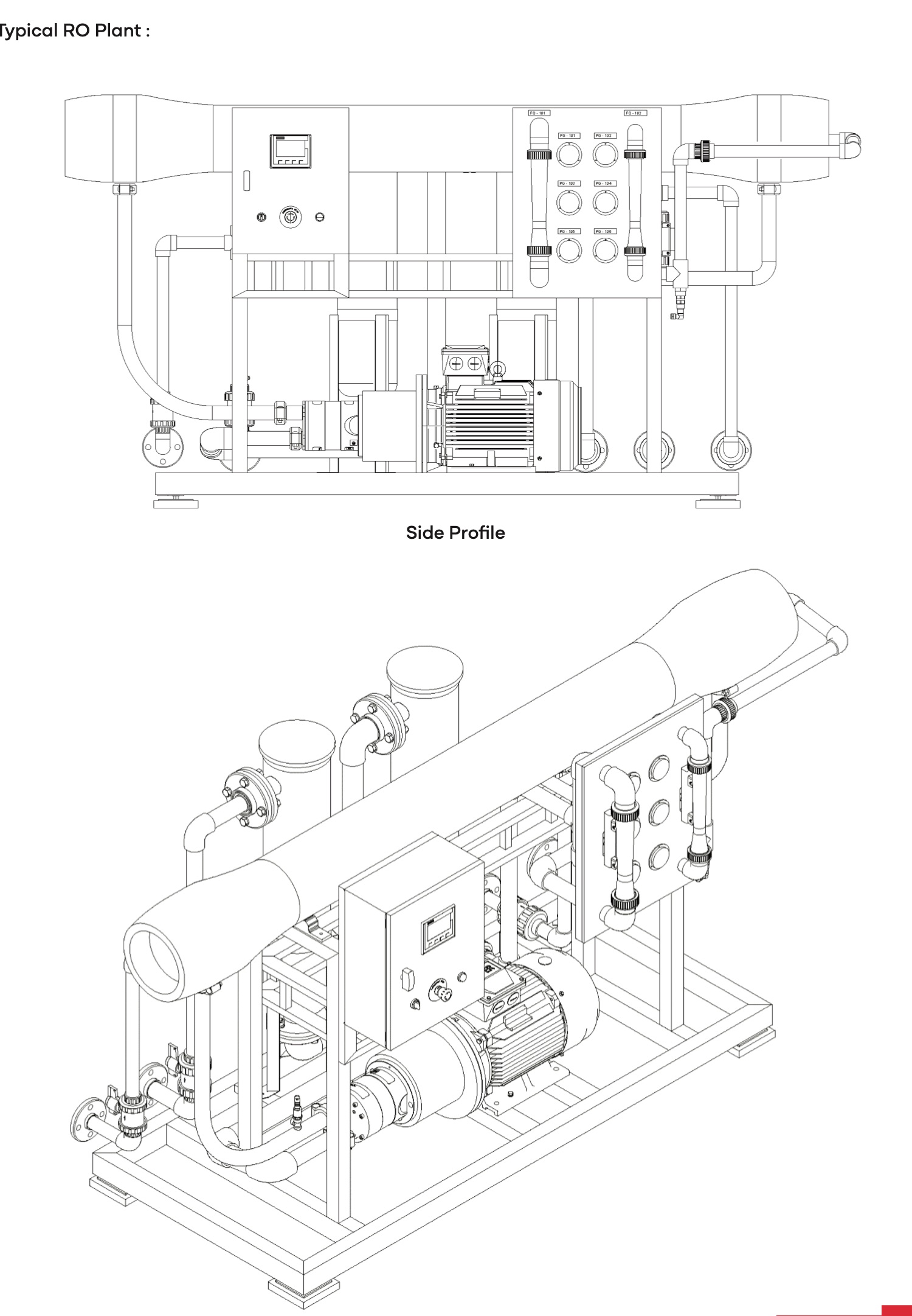 General arrangement drawing of the reverse osmosis plant, side and top profile