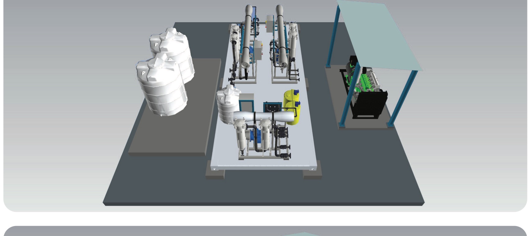 Reverse osmosis treatment skid with pressure vessels, pumps and dosing systems