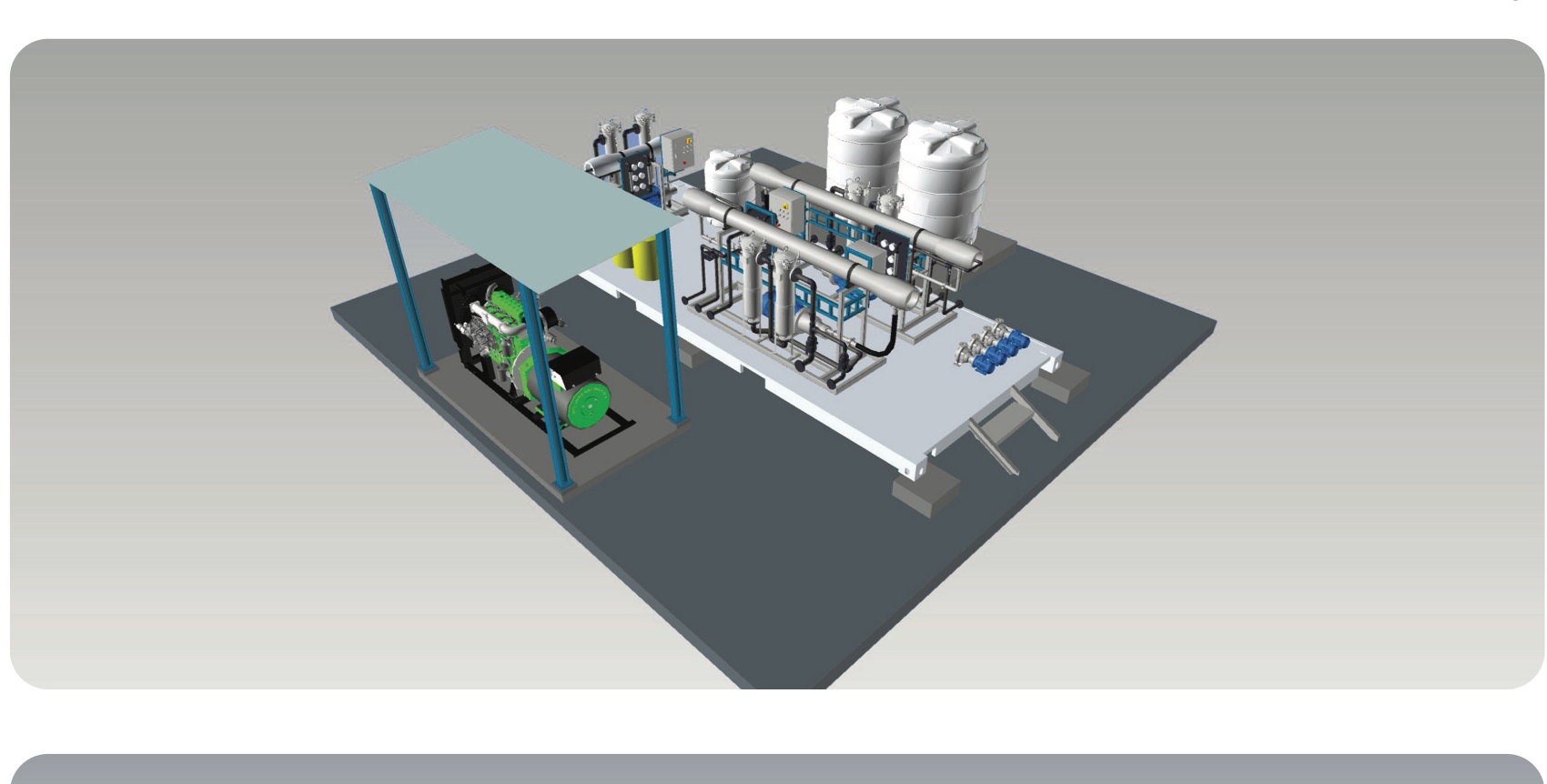 Rendering of the skid-mounted reverse osmosis plant showing pumps, pressure vessels and dosing systems